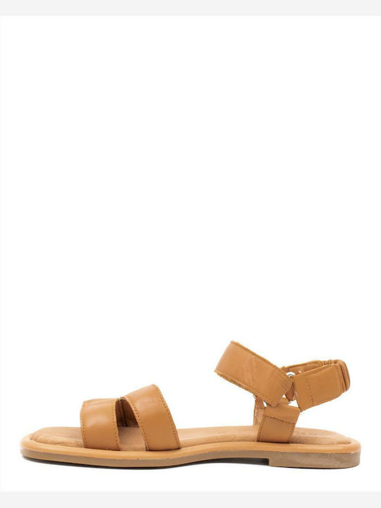 Leather Women's Flat Sandals with Strap in Tabac Brown Color
