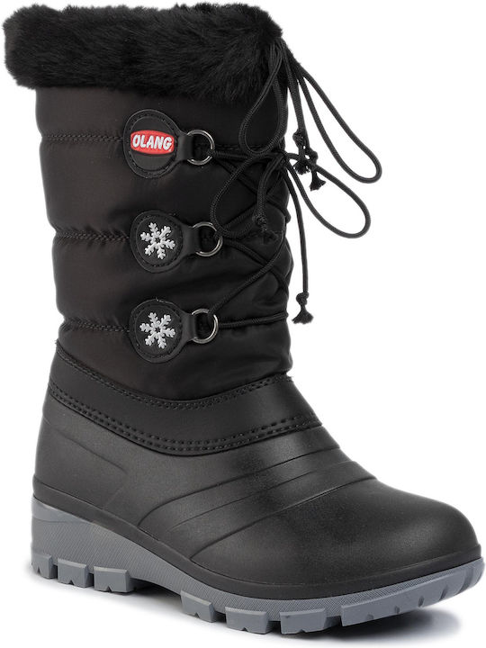 Synthetic Leather Snow Boots with Laces & Fur Patty Black