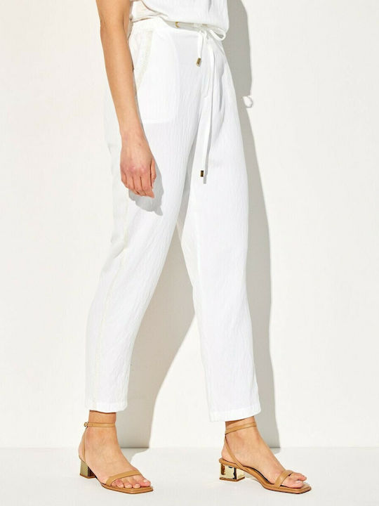 Women's Fabric Trousers with Elastic Ecru