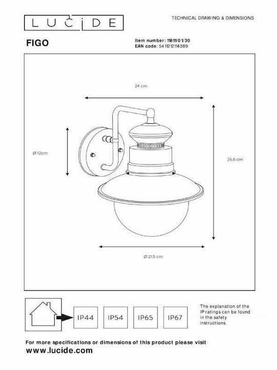 Lucide Lightning Figo Wall-Mounted Outdoor Hat Light E27 IP44