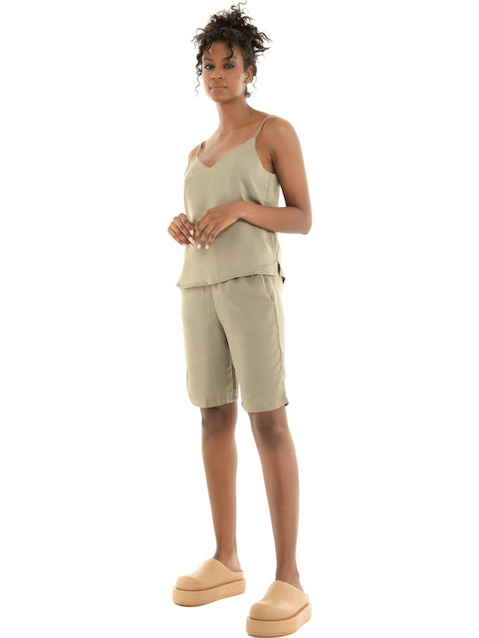 Women's Blouse Satin with Straps & V Neckline Beige