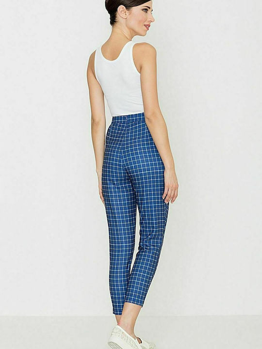 Lenitif Women's Fabric Capri Trousers in Loose Fit Checked Blue