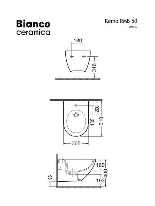 Bianco Ceramica Remo 52 Rimless Bidet Wandbehang 36.5x51cm Weiß