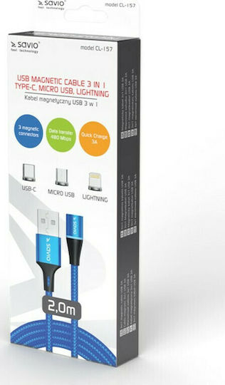 Savio Geflochten / Magnetisch USB zu Blitzschlag / Typ-C,TC-TC / Micro-USB Kabel 3A Blau 2m (CL-157)