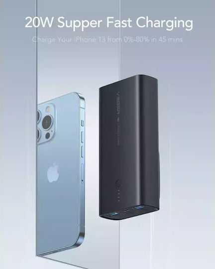 Veger ACE100 Power Bank 10000mAh 20W με 2 Θύρες USB-A και Θύρα USB-C Power Delivery / Quick Charge 3.0 Μαύρο