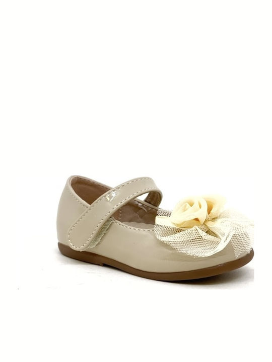 Kids Patent Leather Ballerinas with Hoop & Loop Closure Beige