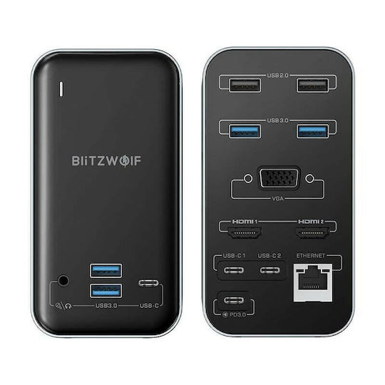 BlitzWolf USB-C-Dockingstation mit HDMI/DisplayPort 4K, PD, Ethernet und Anschluss für 3 Monitore Schwarz (BW-TH14)
