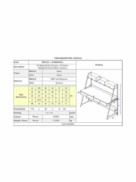 Desk with Bookshelf Wooden 100x48x137cm