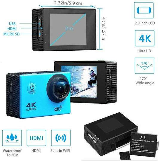 4K Sports Ultra HD Action Camera HD (720p) Υποβρύχια (με Θήκη) με Οθόνη 2" και Wi-Fi Μπλε