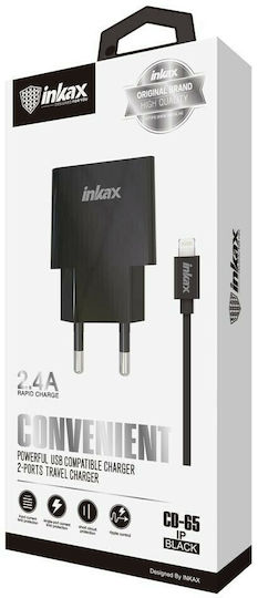 Inkax Încărcător cu 2 Porturi USB-A și Cablu Lightning Negruς (CD-65)
