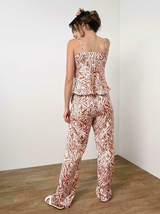 Glamorous Women's Summer Blouse Satin with Straps Animal Print Beige/Peach