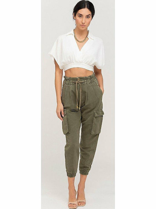 Emily Γυναικείο Καλοκαιρινό Crop Top Λινό Κοντομάνικο Λευκό