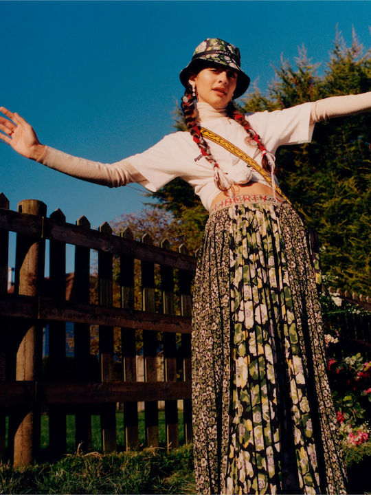 X Liberty Πλισέ Ψηλόμεση Midi Φούστα Floral Πράσινη