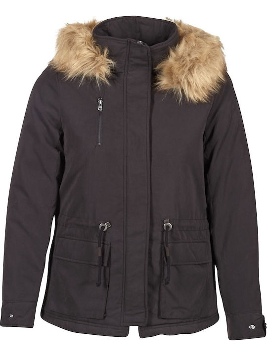 Women's Short Parka Jacket for Winter with Detachable Hood Black