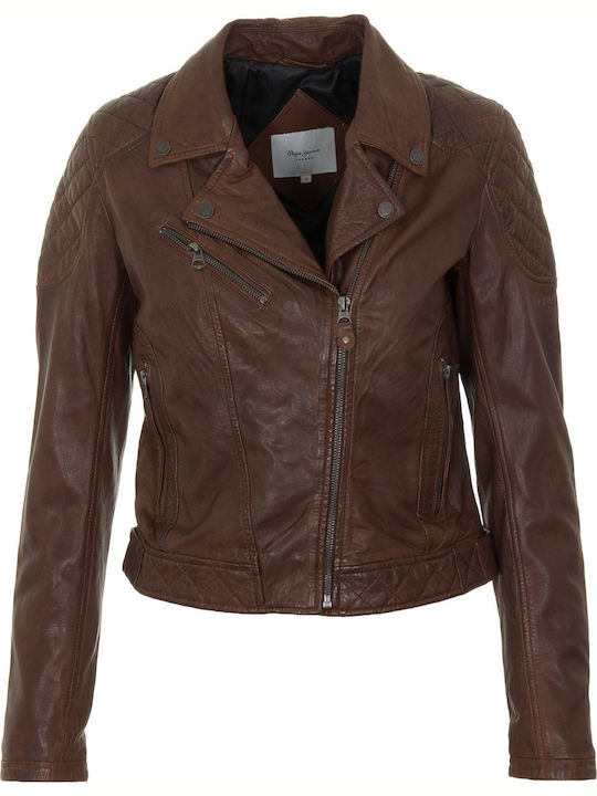 Pepe Jeans Alba Women's Short Biker Artificial Leather Jacket for Winter Brown