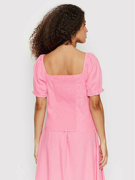 Only Damen Sommer Bluse Leinen Kurzärmelig Rosa