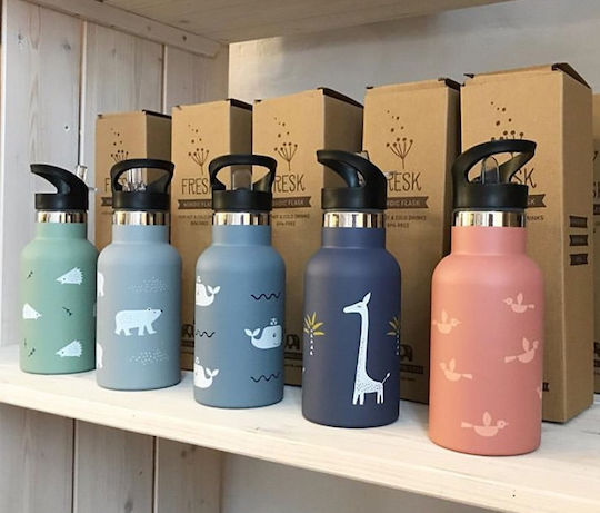 Fresk Kids Water Bottle Thermos Stainless Steel with Straw Deer Olive 350ml