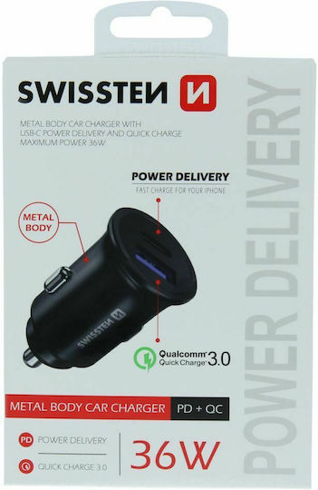 Swissten Φορτιστής Αυτοκινήτου 30W 3A με Θύρες: 1xUSB 1xType-C Μαύρος
