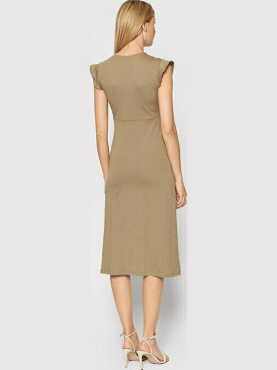 Sommer Midi Damenkleid Wickel mit Rüschen Khaki