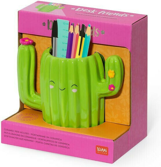 Ceramic Pencil Holder Desk Friends in Green Color 1pcs 7.5x11.4x12.5cm