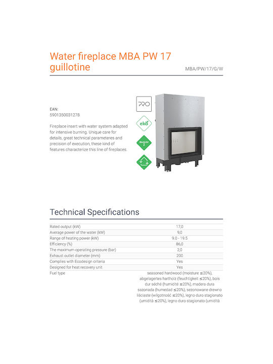 Kratki MBA PW 17 G W Wood Fireplace Insert Radiator with Straight Window 17kW Closed Expansion Tank