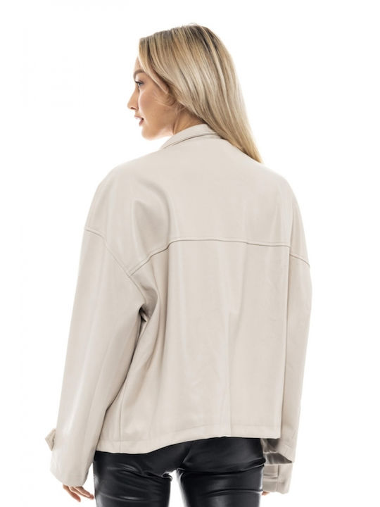Biston Women's Short Lifestyle Artificial Leather Jacket for Winter Beige