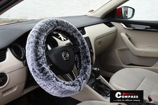 Compass Car Steering Wheel Cover Denisa with Diameter 37-39cm Γούνινο Synthetic Gray