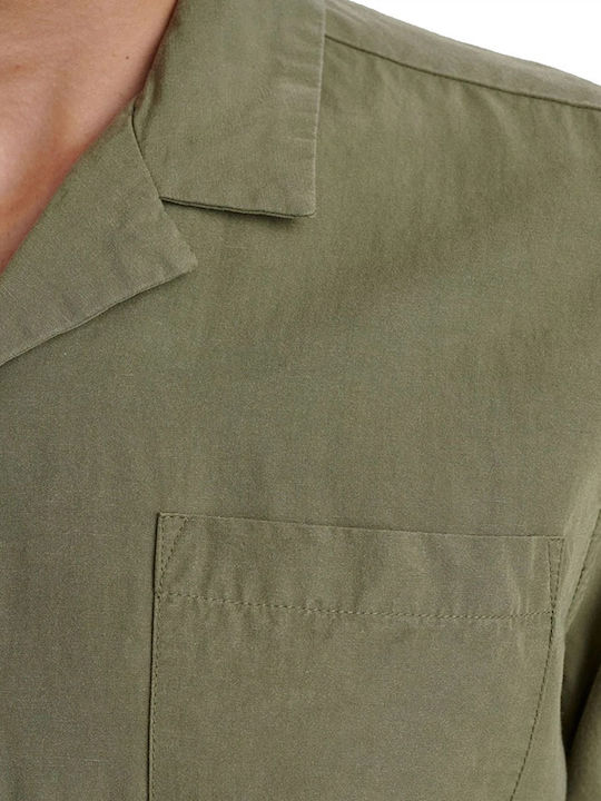 Short-sleeved Linen Shirt in Wide Line Khaki