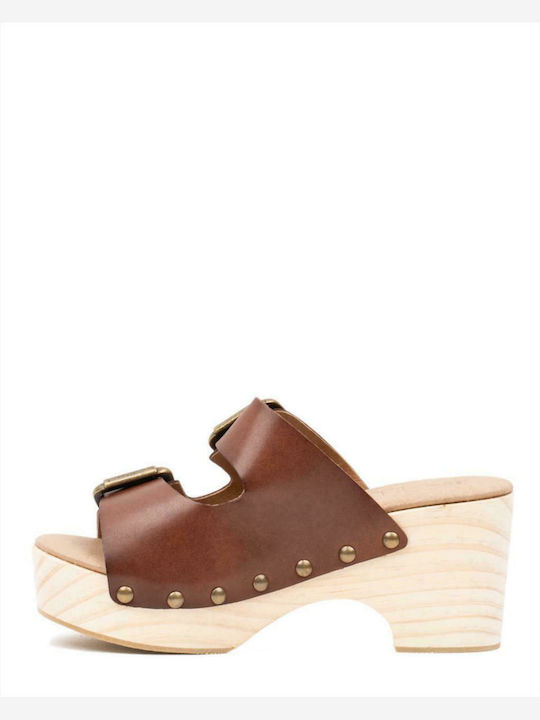 Favela Platform Leather Women's Sandals Brown with Chunky High Heel