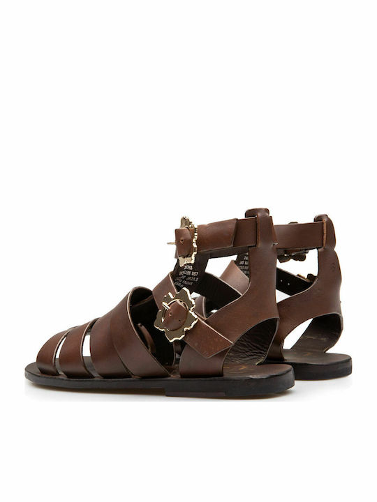 Graycey Leather Women's Flat Sandals Gladiator in Brown Color