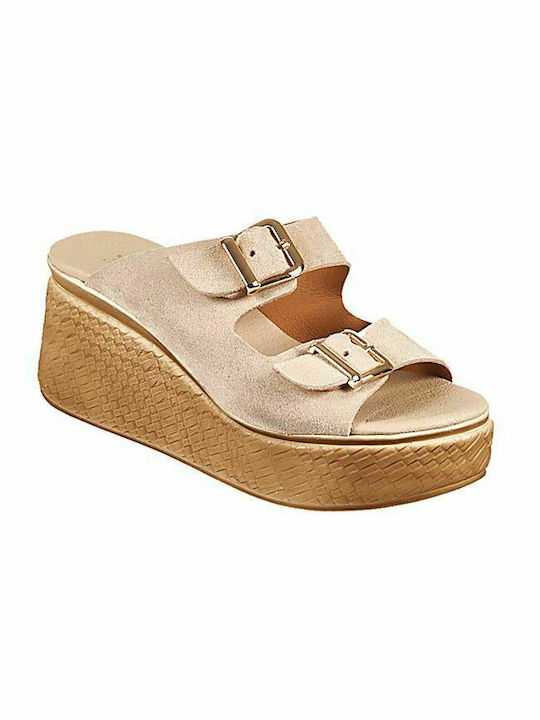 Elenross Women's Leather Platform Wedge Sandals Beige