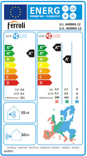 Ferroli Ambra S Κλιματιστικό Inverter 12000 BTU A++/A+ με Ιονιστή και WiFi