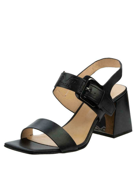 19V69 Leather Women's Sandals Black with Chunky High Heel