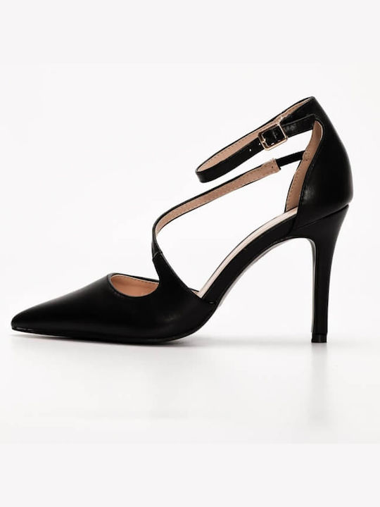 Luigi Leather Pointed Toe Stiletto Black High Heels with Strap