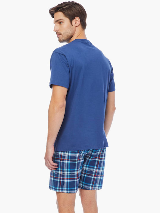 Minerva Men's Summer Cotton Checked Pajamas Set Blue