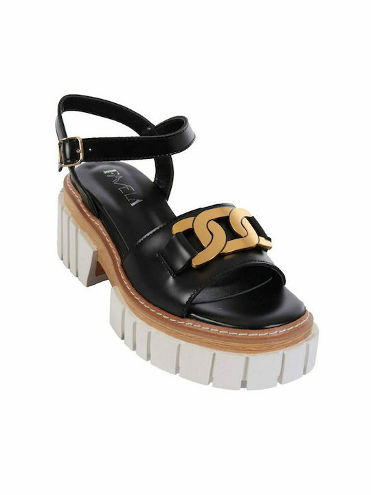 Favela Leather Women's Sandals Black with Chunky Medium Heel