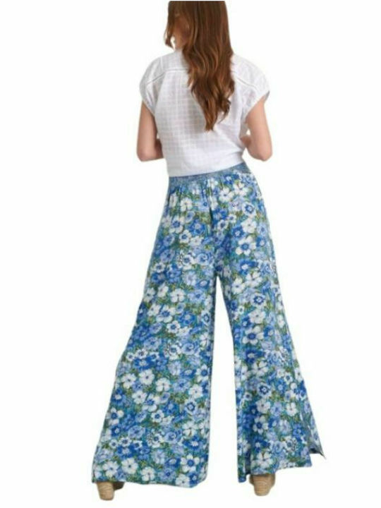 Attrattivo Damen Stoff Palazzo-Hose mit Gummizug Blumen Blau