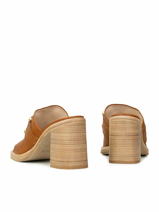 Leather Mules with Chunky High Heel in Tabac Brown Color