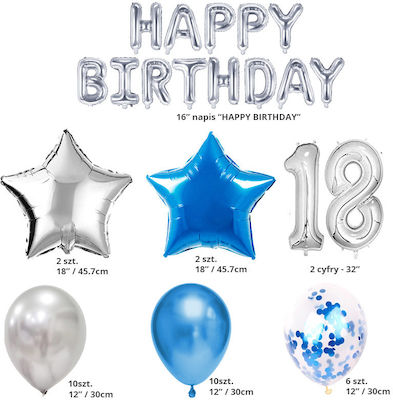 Set of balloons for 18th birthday - silver - blue