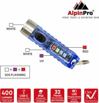 AlpinPro Rechargeable Keychain Flashlight LED Waterproof IP65 with Maximum Brightness 400lm Blue