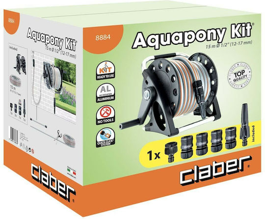 Claber Aquapony Kit Ανέμη Ποτίσματος με Λάστιχο 15m με Χερούλι Μαζέματος