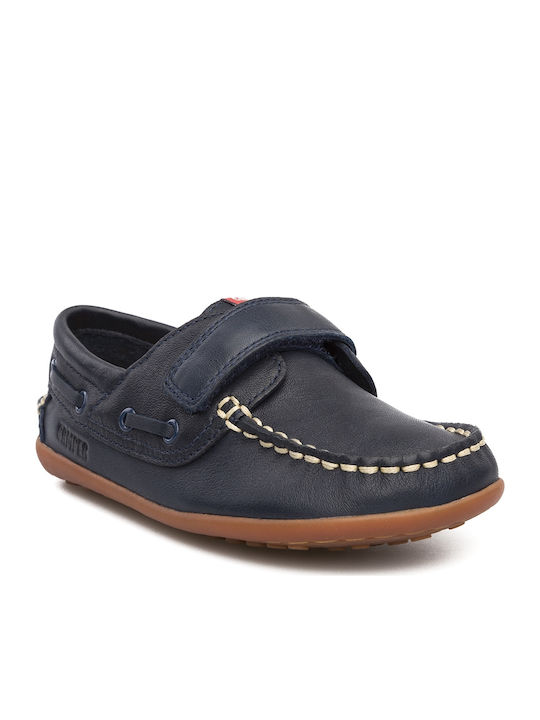 Boys Leather Moccasins with Velcro Peu Navy Blue