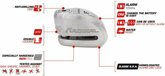Radikal RK914S Motorrad-Bremsscheibenschloss mit Alarm Silber Farbe