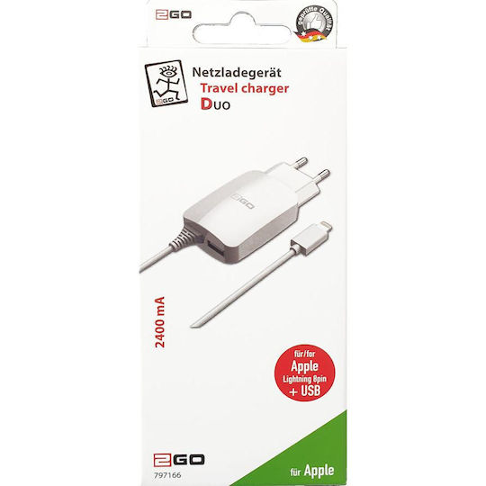 2GO Φορτιστής με Ενσωματωμένο Καλώδιο με Θύρα USB-A Lightning Λευκός (797166)