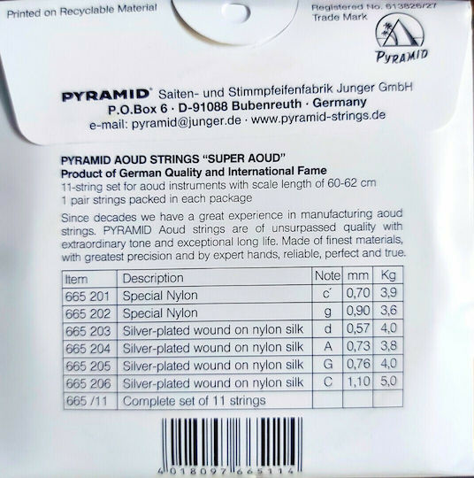 Pyramid Set of Nylon Strings for Oud Arabic Super-Oud 11-String Silver Plated Wound Special