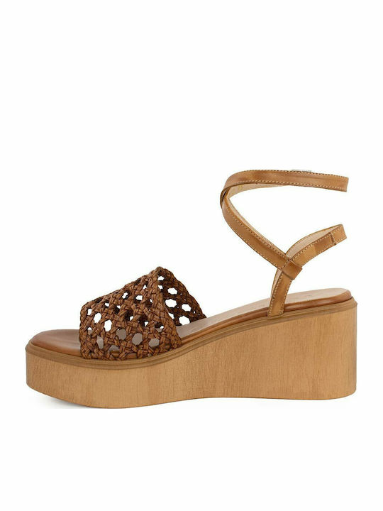 Women's Leather Ankle Strap Platforms Cognac