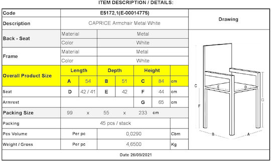 Scaun de exterior Metalic Caprice Alb 54x51x84cm