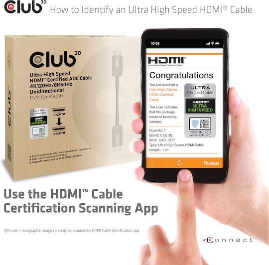 Club3D HDMI 2.1 Ultra High Speed 48Gbps 4K 120Hz HDR VRR Cable HDMI male - HDMI male 15m Μαύρο