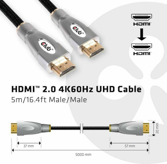 Club3D HDMI 2.0 Premium High Speed 4K 60Hz HDR Braided Cable HDMI Male - HDMI Male Length 5m Black