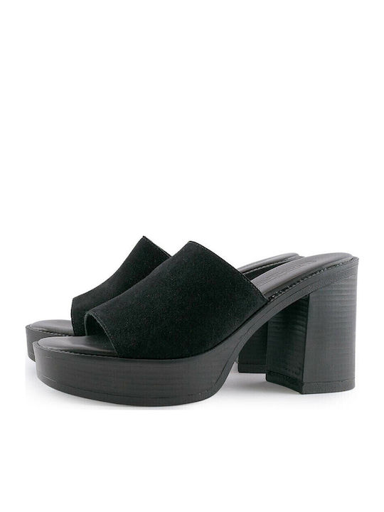 Leather Mules with Chunky High Heel in Black Color